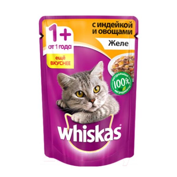 Whiskas 1 yaşdan böyük pişiklər üçün, jeledə hinduşka əti ilə göyərti, konservləşdirilmiş yem 85 q