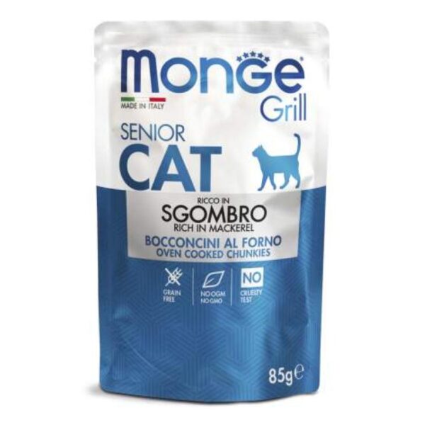 Monge Grill Senior Sgombro Yaş yem Pouchi Monge Yaşlı pişiklər üçün Ekvador skumbriyası (bir paket üçün qiymət) 85g