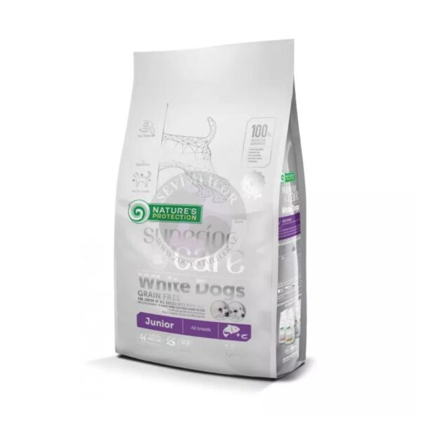 Quru yem Natures Protection Superior Care White Dogs Grain Free Junior All Breeds, 2-10 ay arası ağ rəngli hər cins küçüklər üçün, 1.5 kq