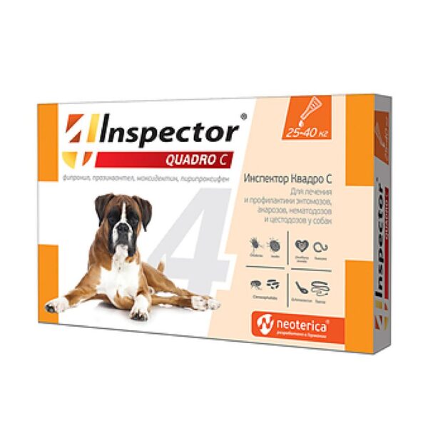 Həb Inspector Quadro C gənə, birə və helmintlərə qarşı, çəkisi 40-60 kq-dan çox olan itlər üçün, 1 həb