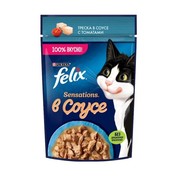 Nəm yem pişiklər üçün Felix Sensations tomat sousunda treska balığı ilə 75 q