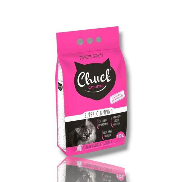 Chuck Baby Powder Bentonite Super Clumping- Pişiklər üçün uşaq pudrası qoxulu doldurucu 10l.